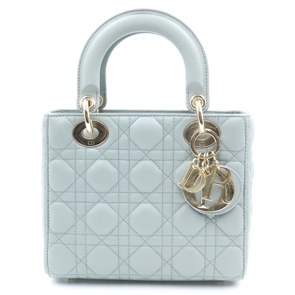 Dior Lady Small 2-Way Handle Shoulder Bag Gray Leather Gold