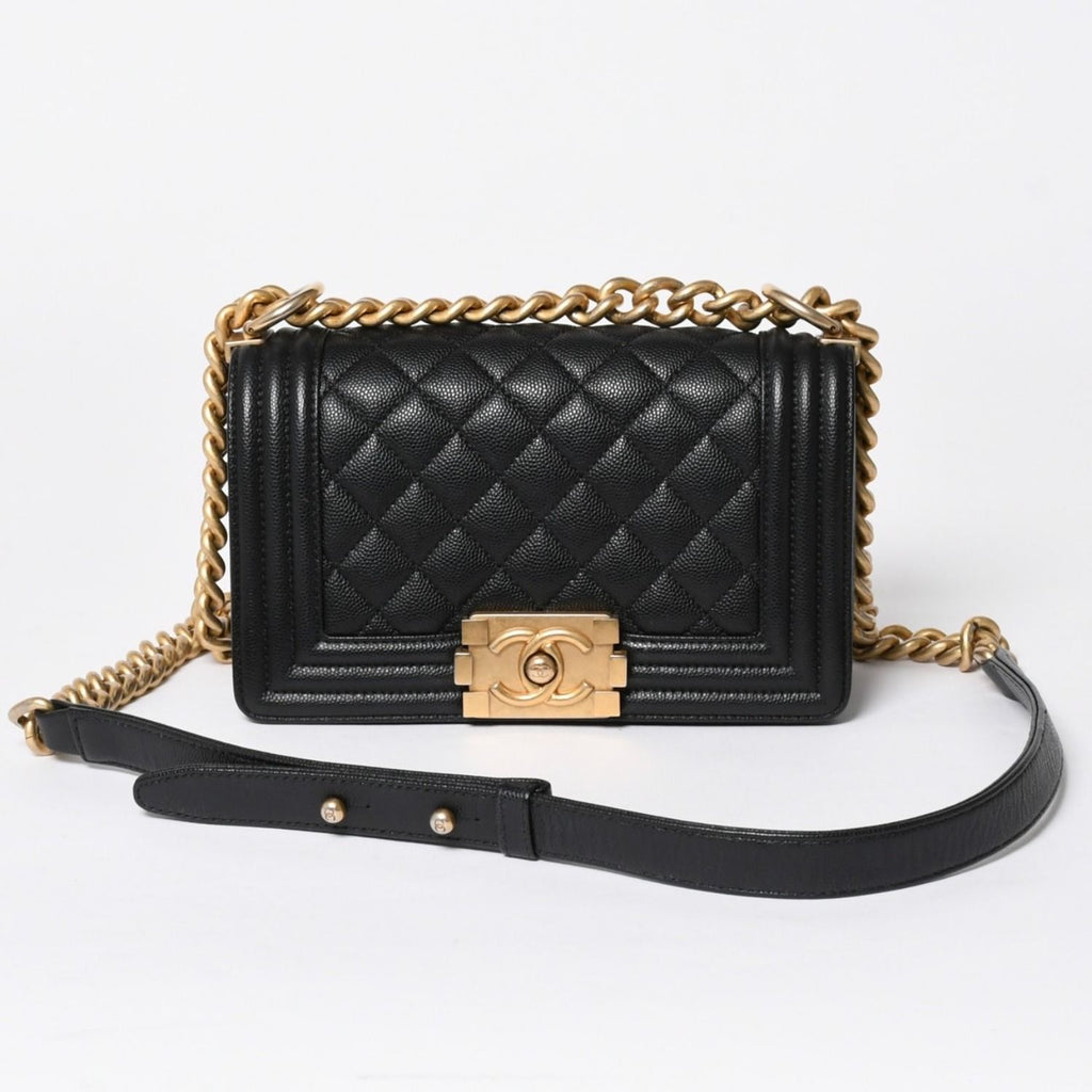 Chanel Boy Shoulder Bag Small Caviar Leather CC Logo Black Gold