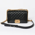 Chanel Boy Shoulder Bag Small Caviar Leather CC Logo Black Gold