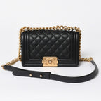 Chanel Boy Shoulder Bag Small Caviar Leather CC Logo Black Gold