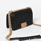 Chanel Boy Shoulder Bag Small Caviar Leather CC Logo Black Gold — view 3