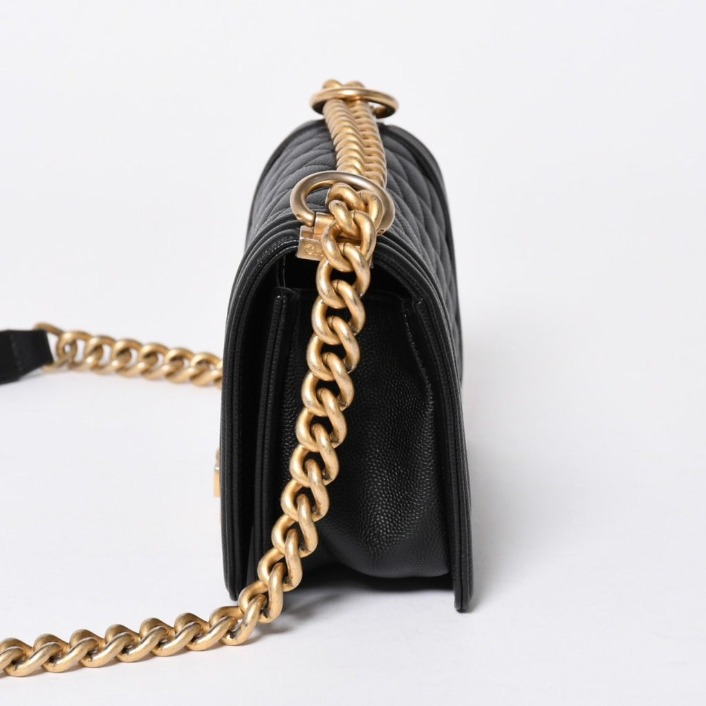 Chanel Boy Shoulder Bag Small Caviar Leather CC Logo Black Gold — view 4