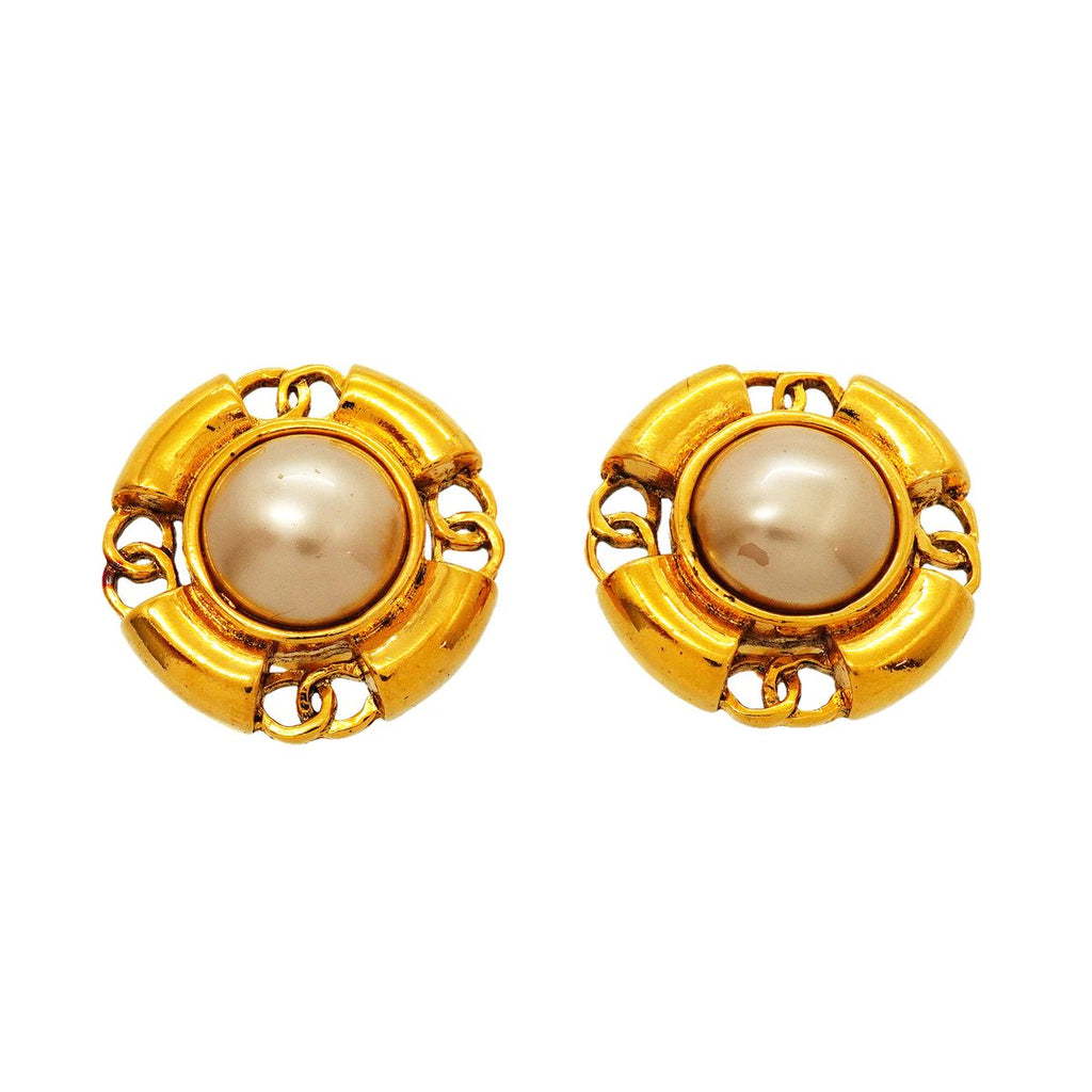 Chanel Earrings Vintage CC Logo Gold Plated Faux Pearl