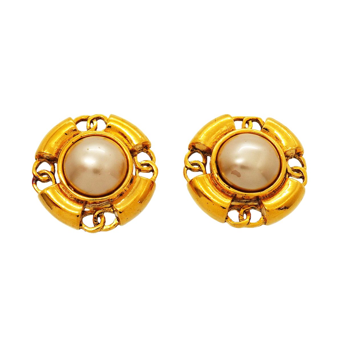 Chanel Earrings Vintage CC Logo Gold Plated Faux Pearl