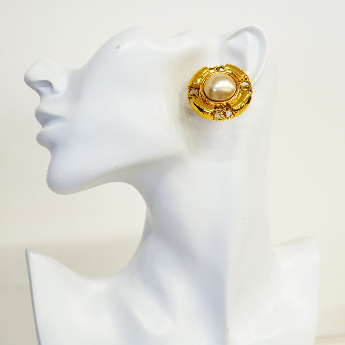 Chanel Earrings Vintage CC Logo Gold Plated Faux Pearl — view 5
