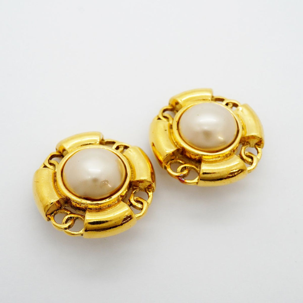 Chanel Earrings Vintage CC Logo Gold Plated Faux Pearl — view 2