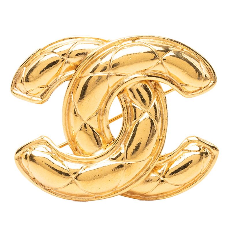 Chanel Vintage Quilted CC Logo Brooch Gold Plated