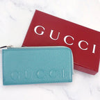 Gucci Logo Zip Card Case Coin Purse Wallet Leather Blue Yellow Silver