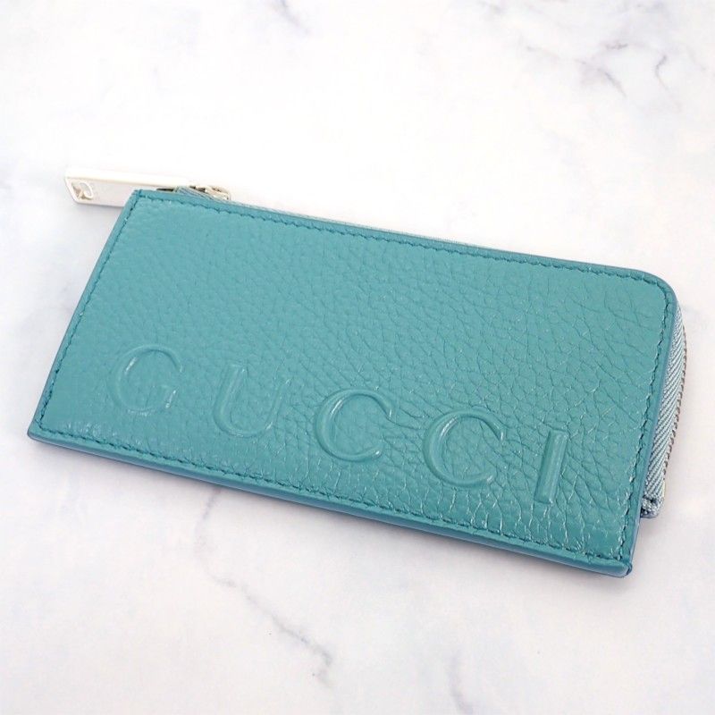 Gucci Logo Zip Card Case Coin Purse Wallet Leather Blue Yellow Silver — view 2