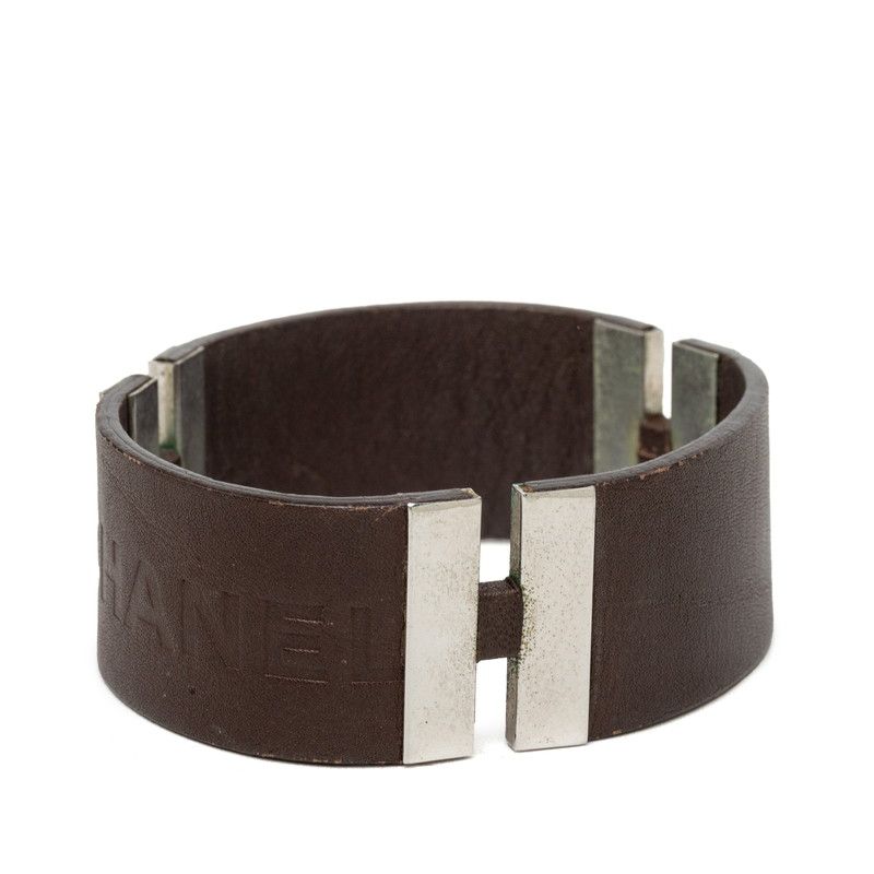 Chanel Logo Bracelet 00c Brown Silver Leather Metal — view 3