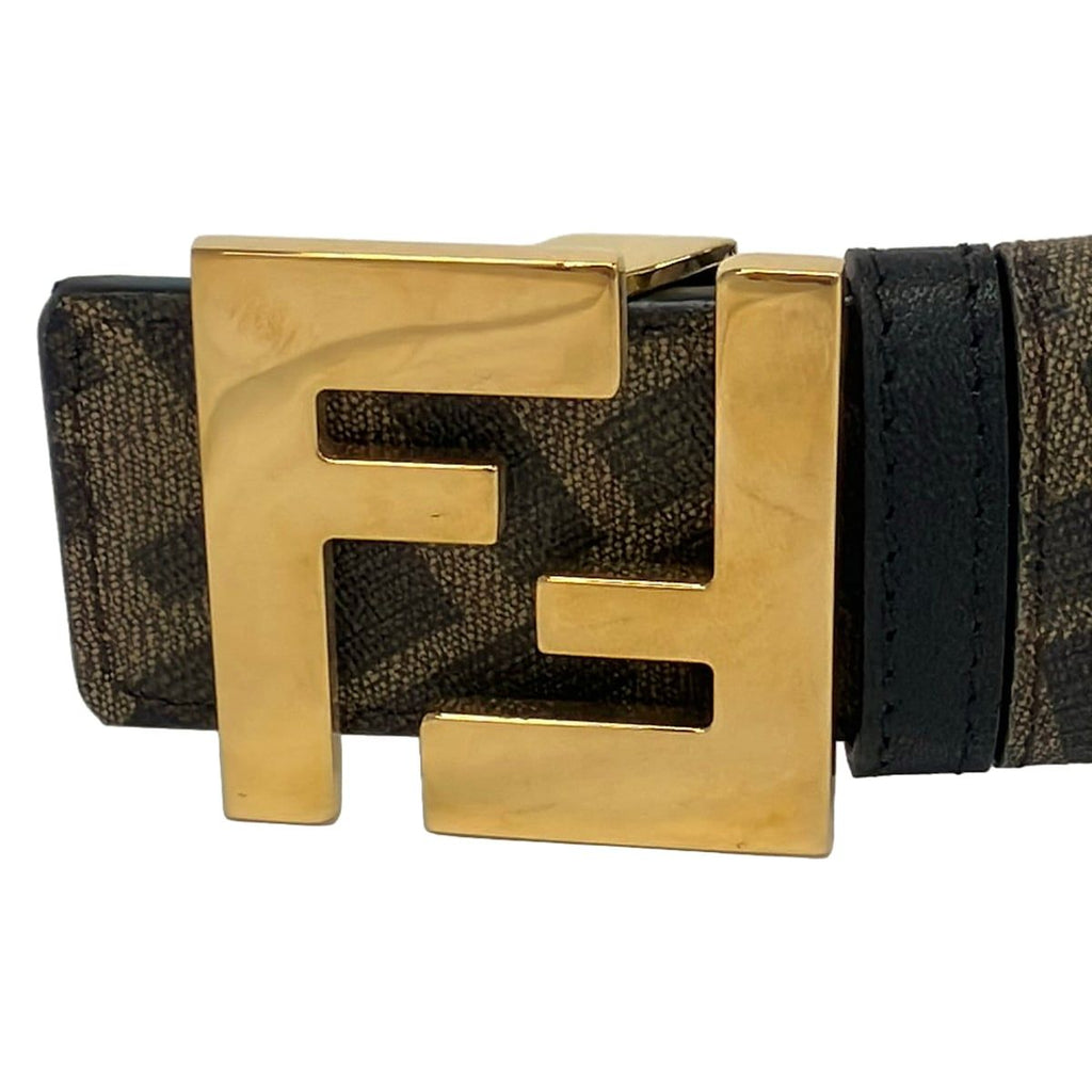 Fendi Belt Dark Brown Gold Zucca Pattern Reversible FF Square Leather — view 3