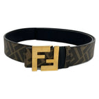 Fendi Belt Dark Brown Gold Zucca Pattern Reversible FF Square Leather