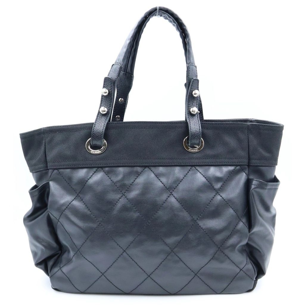 Chanel Paris Biarritz Tote Bag Black Leather Mesh 40 Silver — view 2