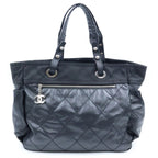 Chanel Paris Biarritz Tote Bag Black Leather Mesh 40 Silver