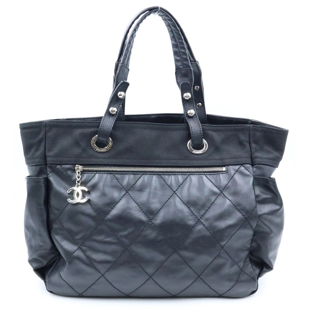 Chanel Paris Biarritz Tote Bag Black Leather Mesh 40 Silver