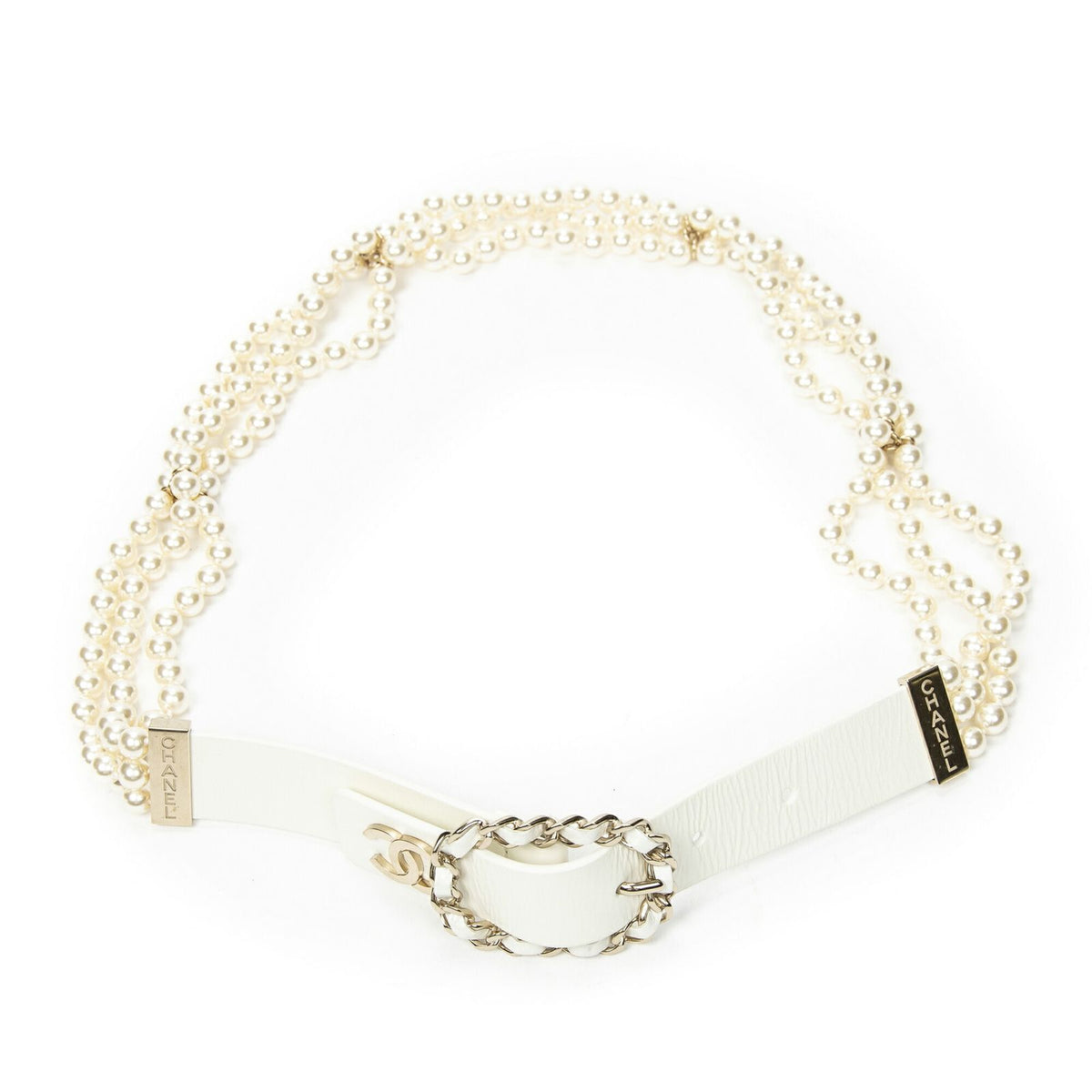 Chanel CC Leather and Chain Pearl Belt White Faux Pearla