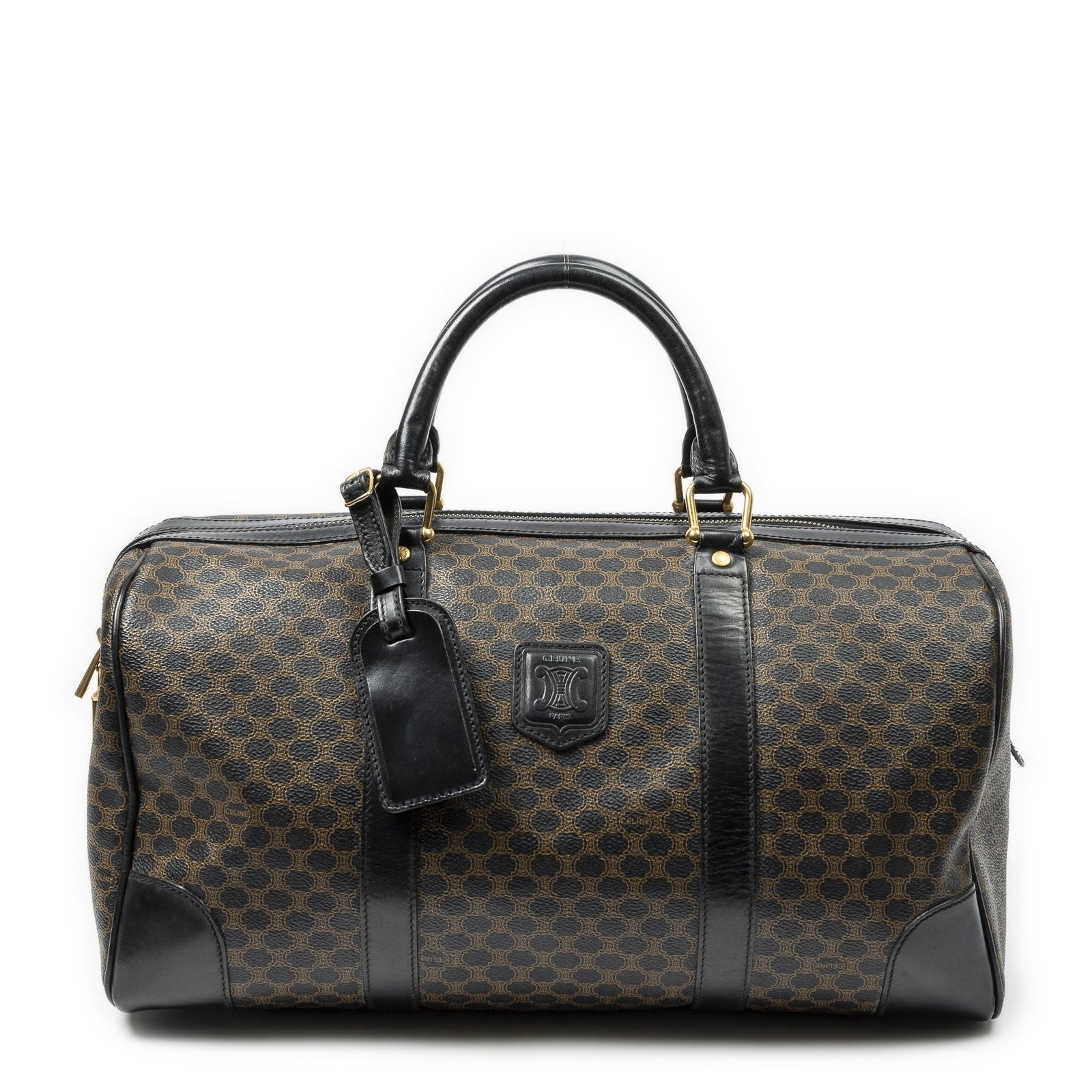 Celine Boston Black Brown Macadam Canvas Handbag