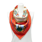 Hermes Scarf Red Gold Beige 100% Jacquard Silk