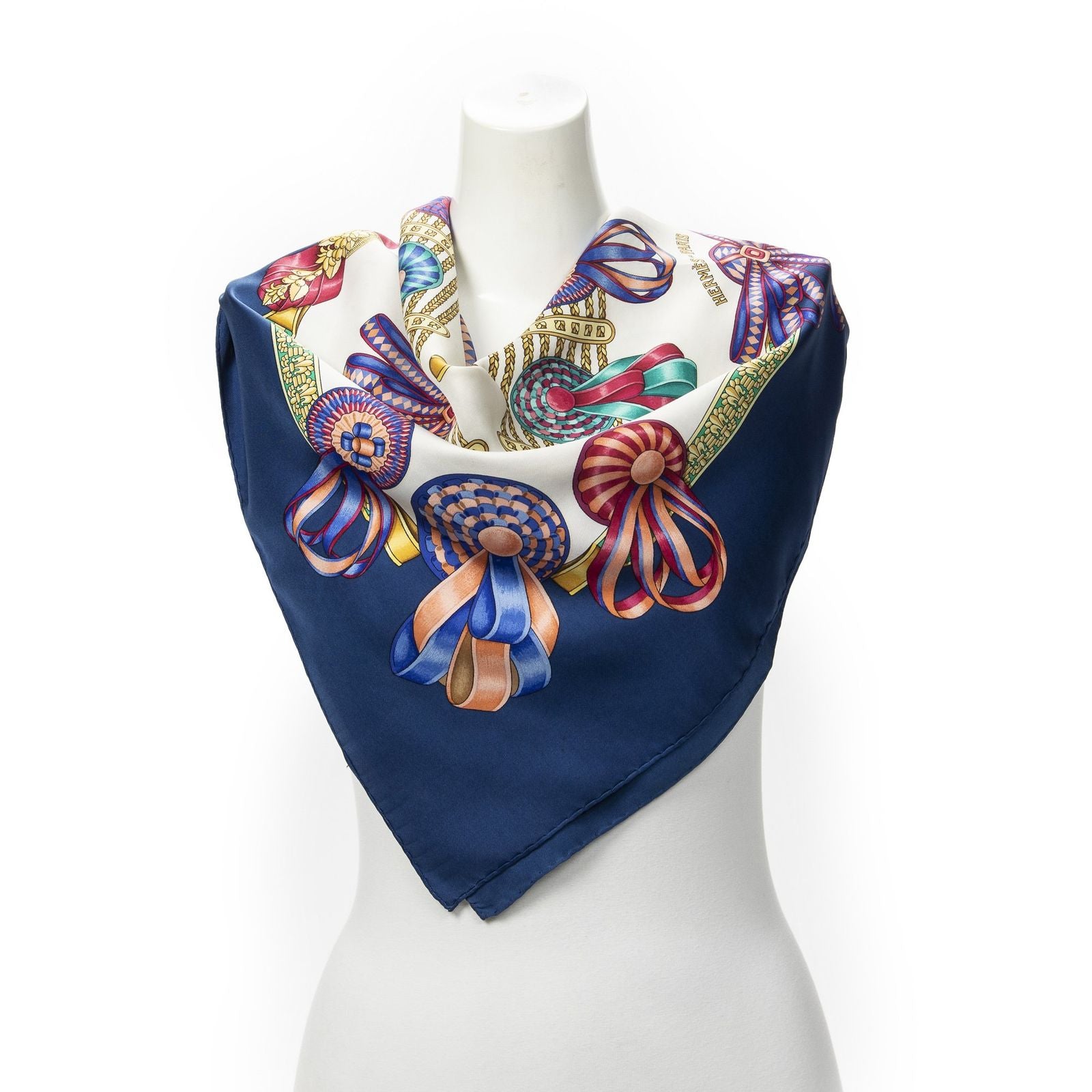 Hermes Scarf Blue Ivory Gold Silk