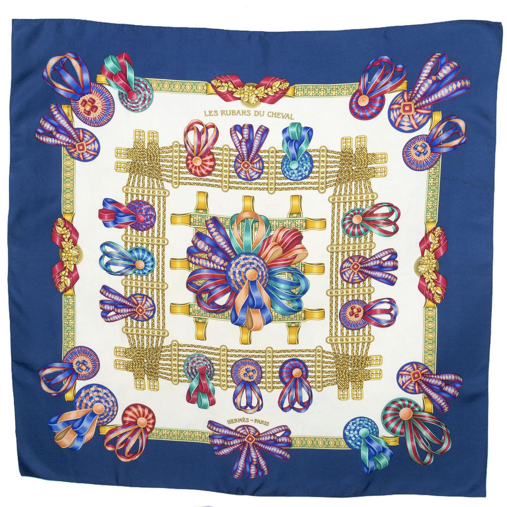Hermes Scarf Blue Ivory Gold Silk — view 2