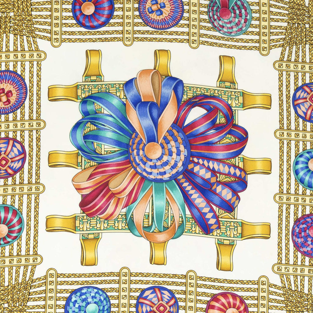 Hermes Scarf Blue Ivory Gold Silk — view 3