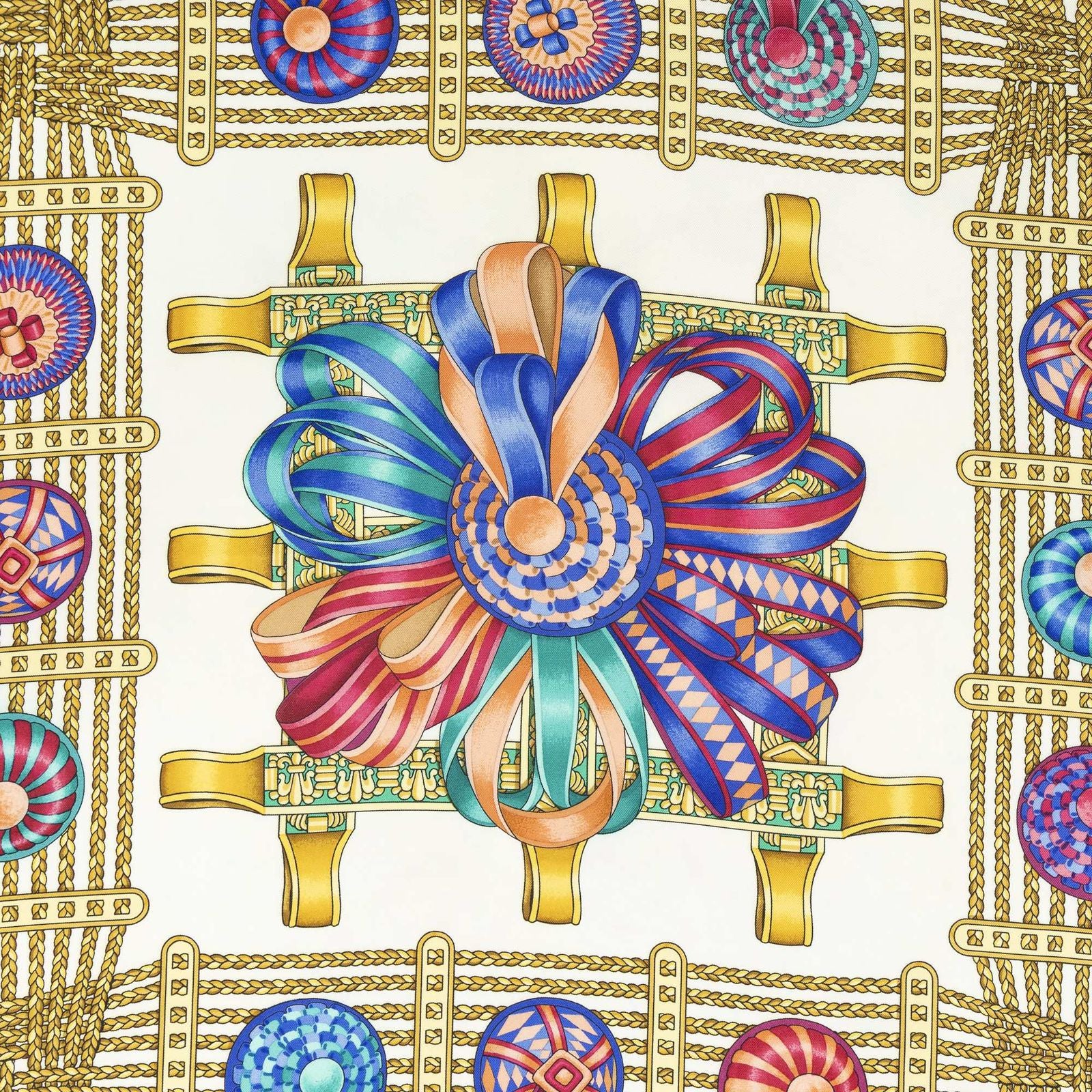 Hermes Scarf Blue Ivory Gold Silk — view 3