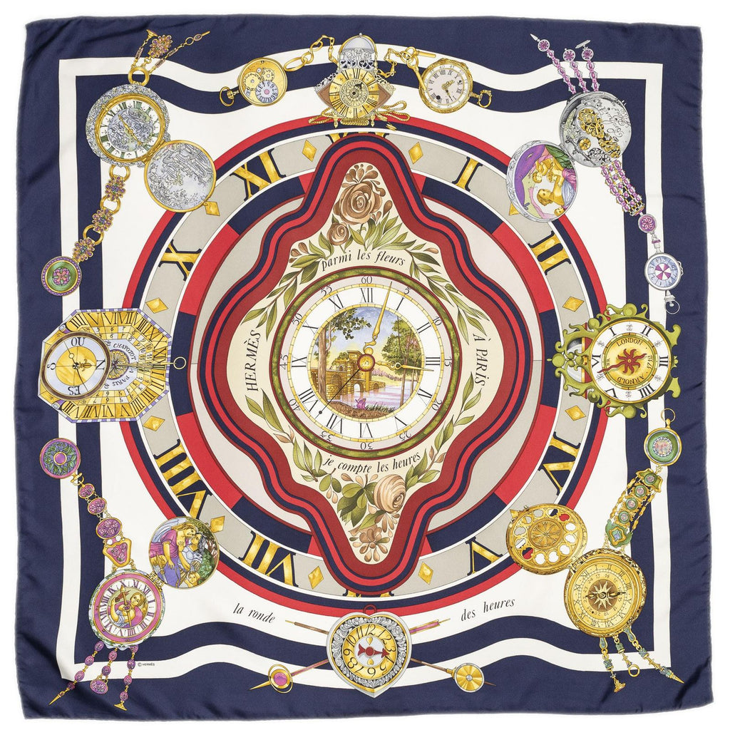 Hermes Scarf Navy Red 100% Gold Twill Silk — view 2