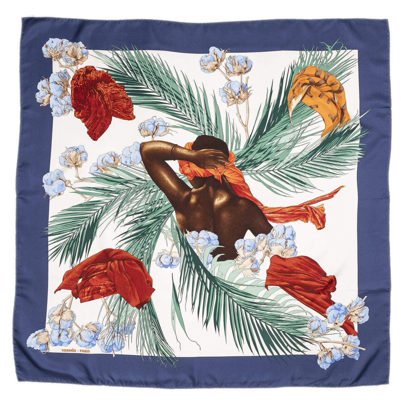 Hermes Scarf Navy Green Ivory 100% Twill Silk — view 2