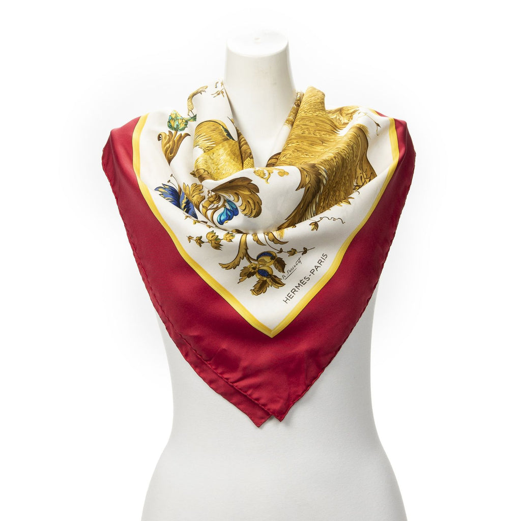 Hermes Scarf Red Yellow Ivory 100% Twill Silk