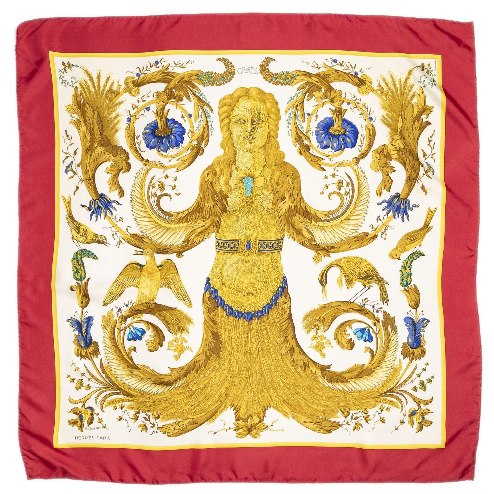 Hermes Scarf Red Yellow Ivory 100% Twill Silk — view 2