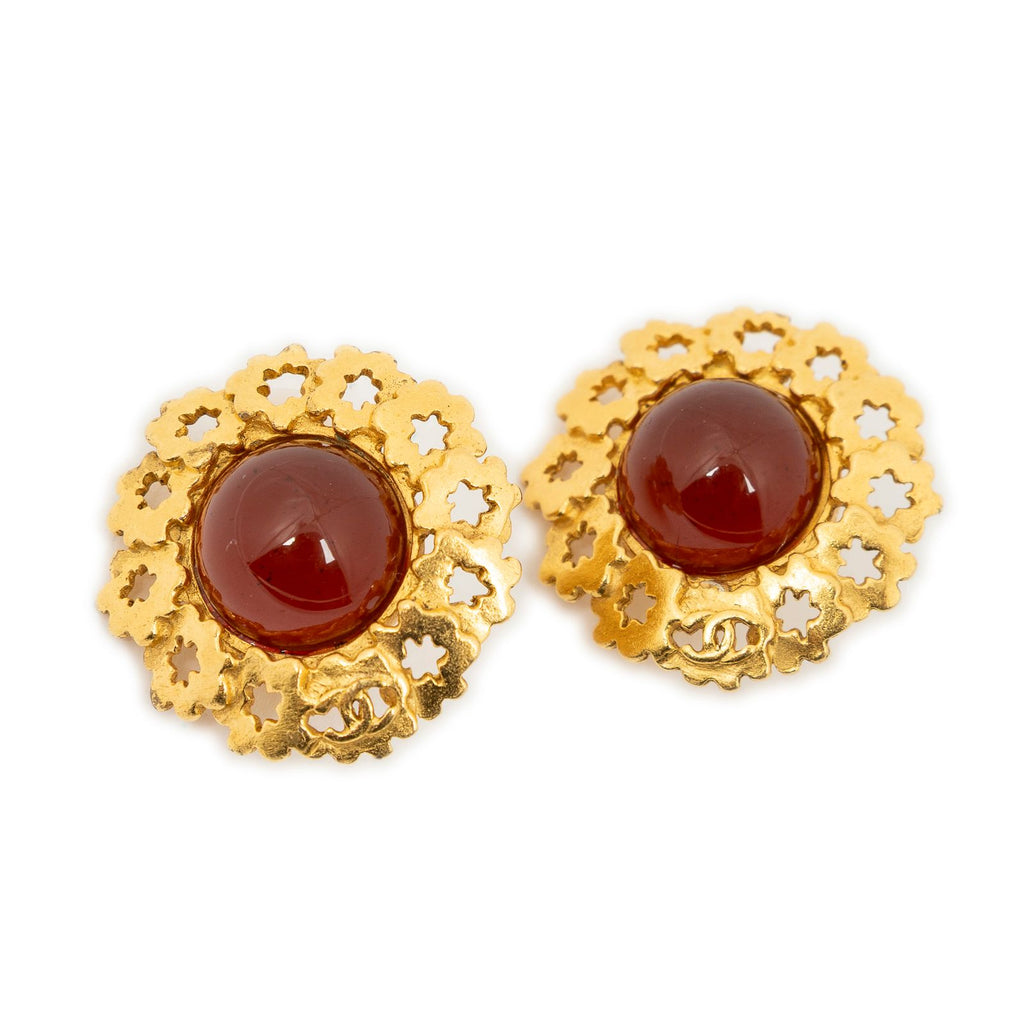 Chanel CC Logo Clip Type Earrings Orange Gold Plated