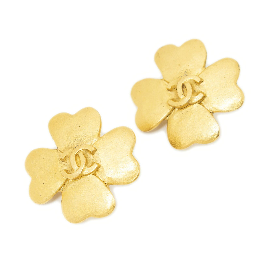 Chanel CC Clover Dangle Clip on Earrings Gold Plated