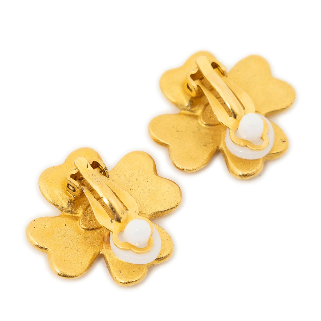 Chanel CC Clover Dangle Clip on Earrings Gold Plated — view 2