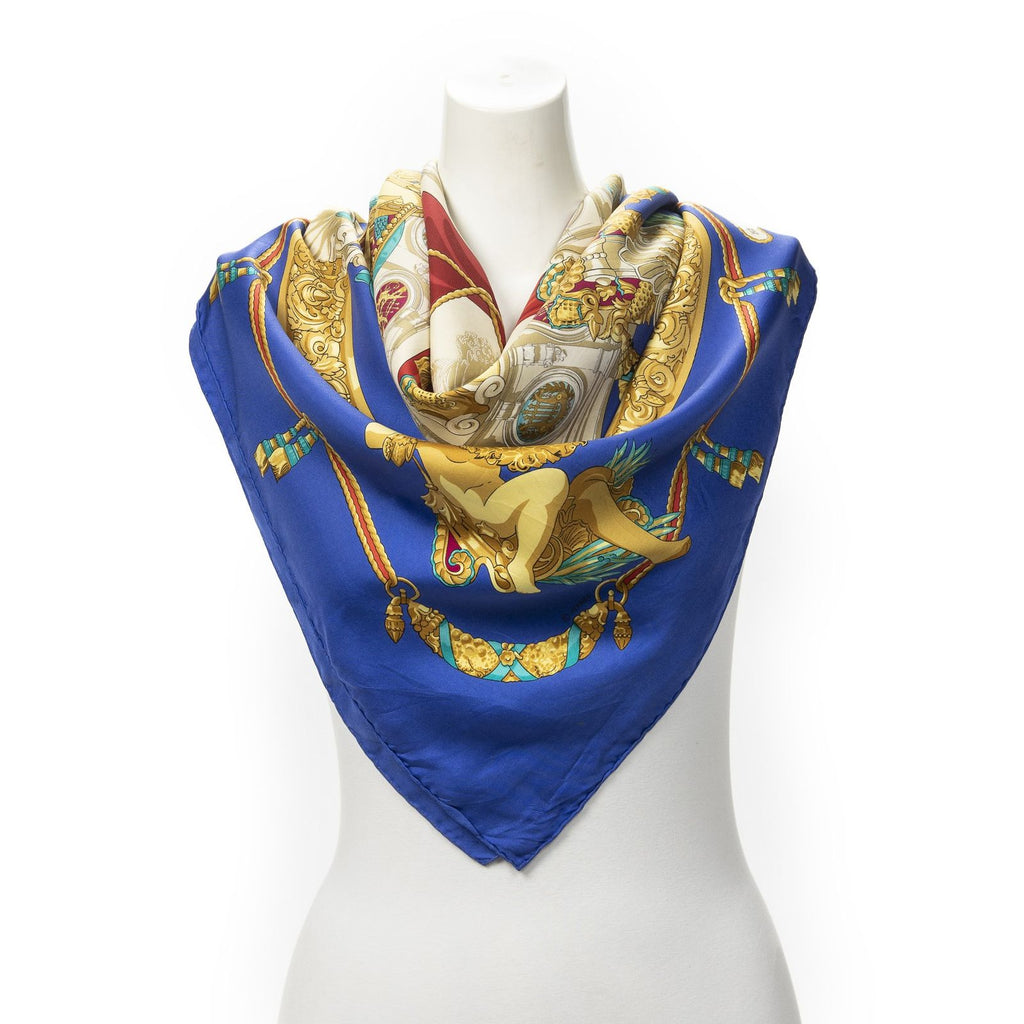 Hermes Scarf Blue Gold Beige Silk