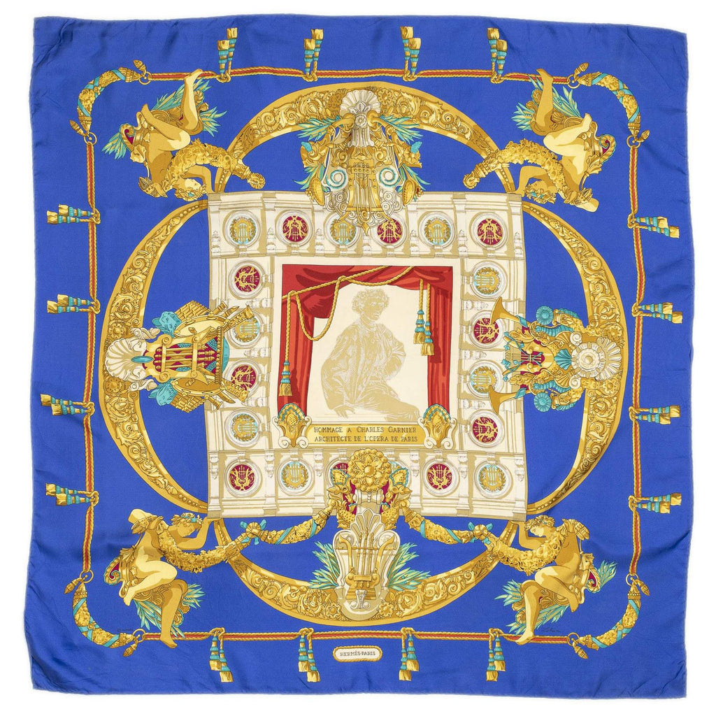 Hermes Scarf Blue Gold Beige Silk — view 2
