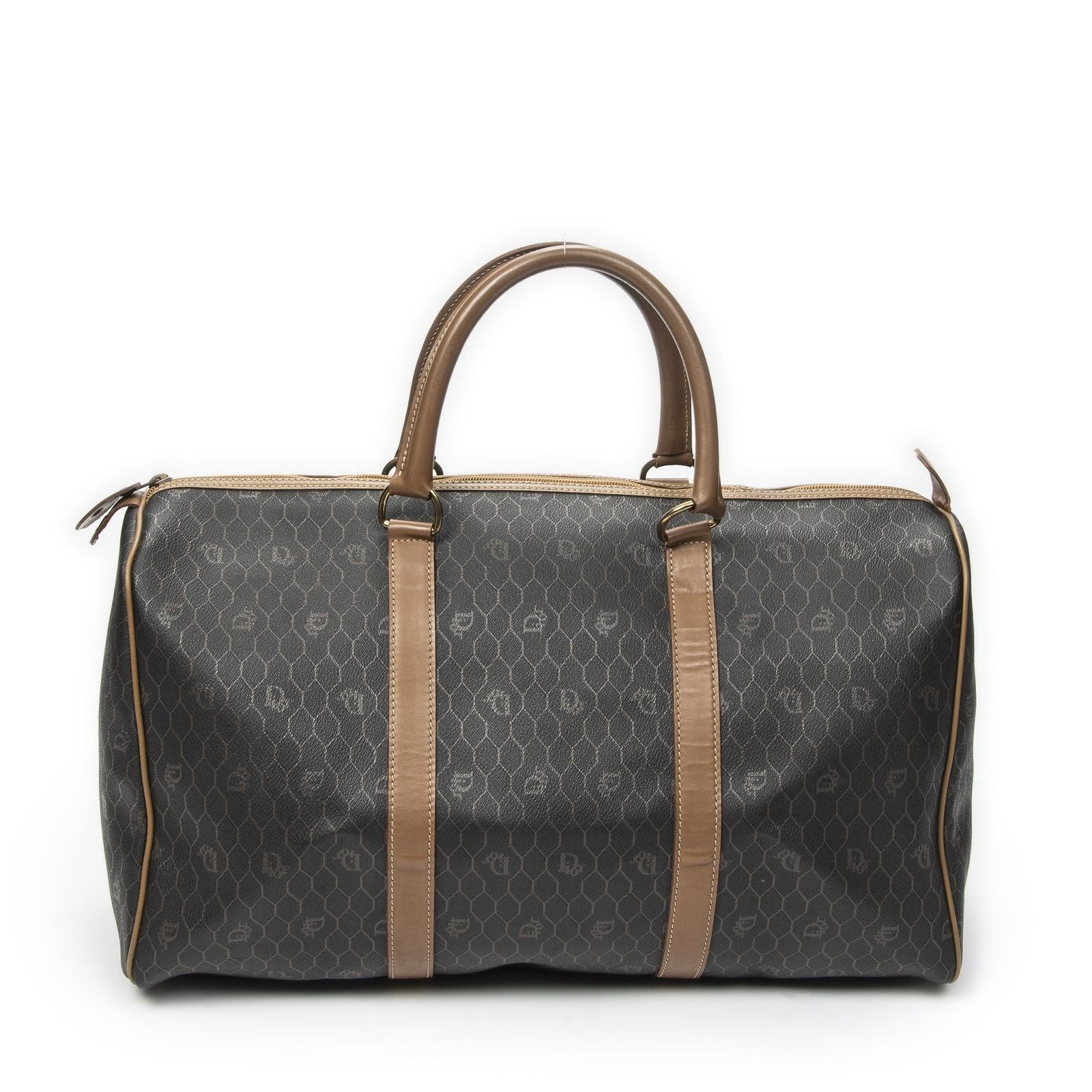Dior Vintage Travel Boston Dark Gray Brown Honeycomb Canvas Handbag