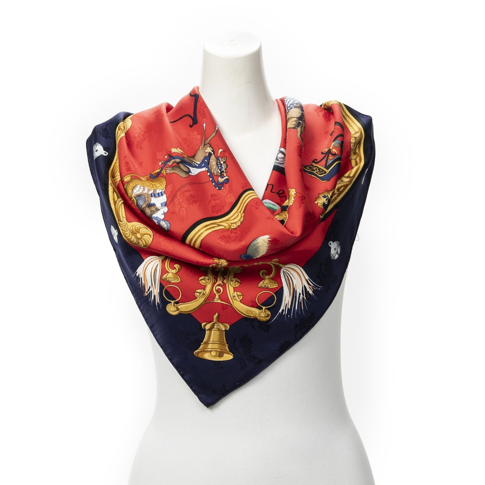 Hermes Scarf Red Navy Jacquard Silk