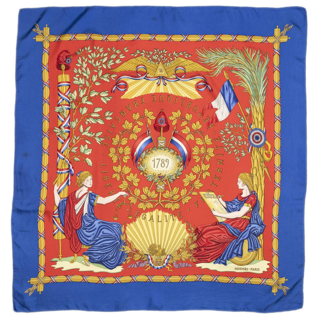 Hermes Scarf Blue Red 100% Gold Twill Silk — view 2