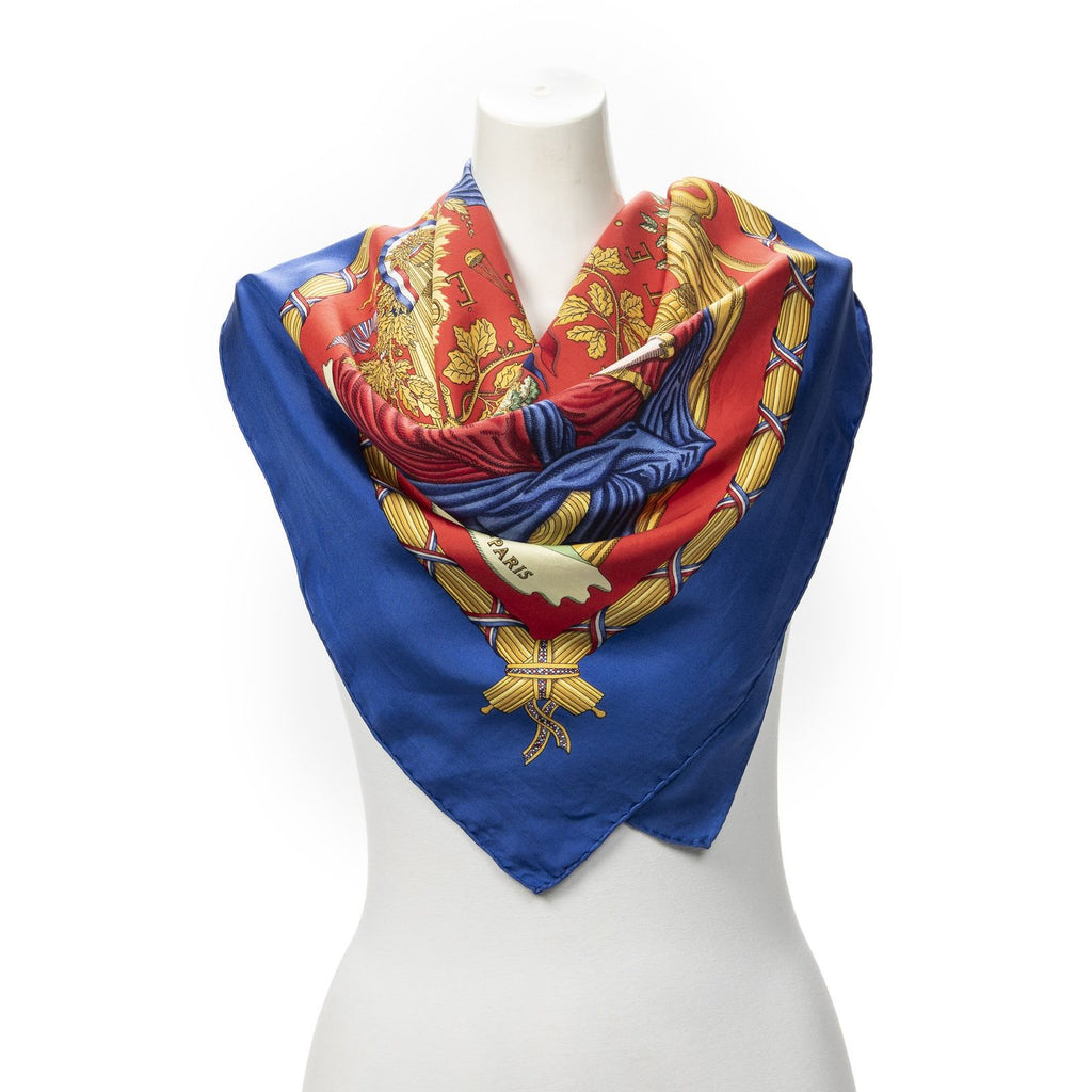 Hermes Scarf Blue Red 100% Gold Twill Silk