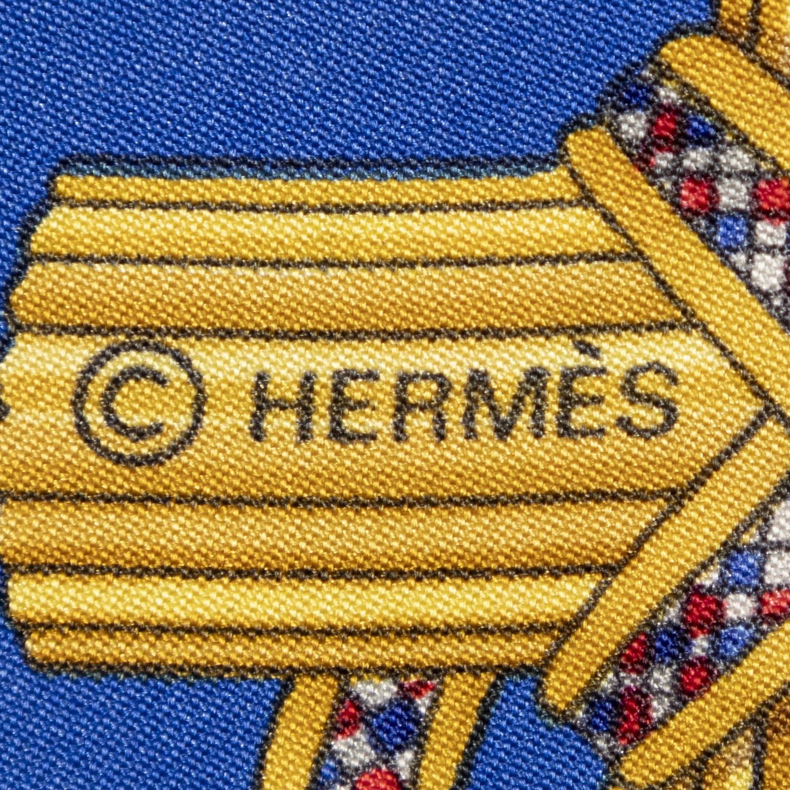 Hermes Scarf Blue Red 100% Gold Twill Silk — view 4