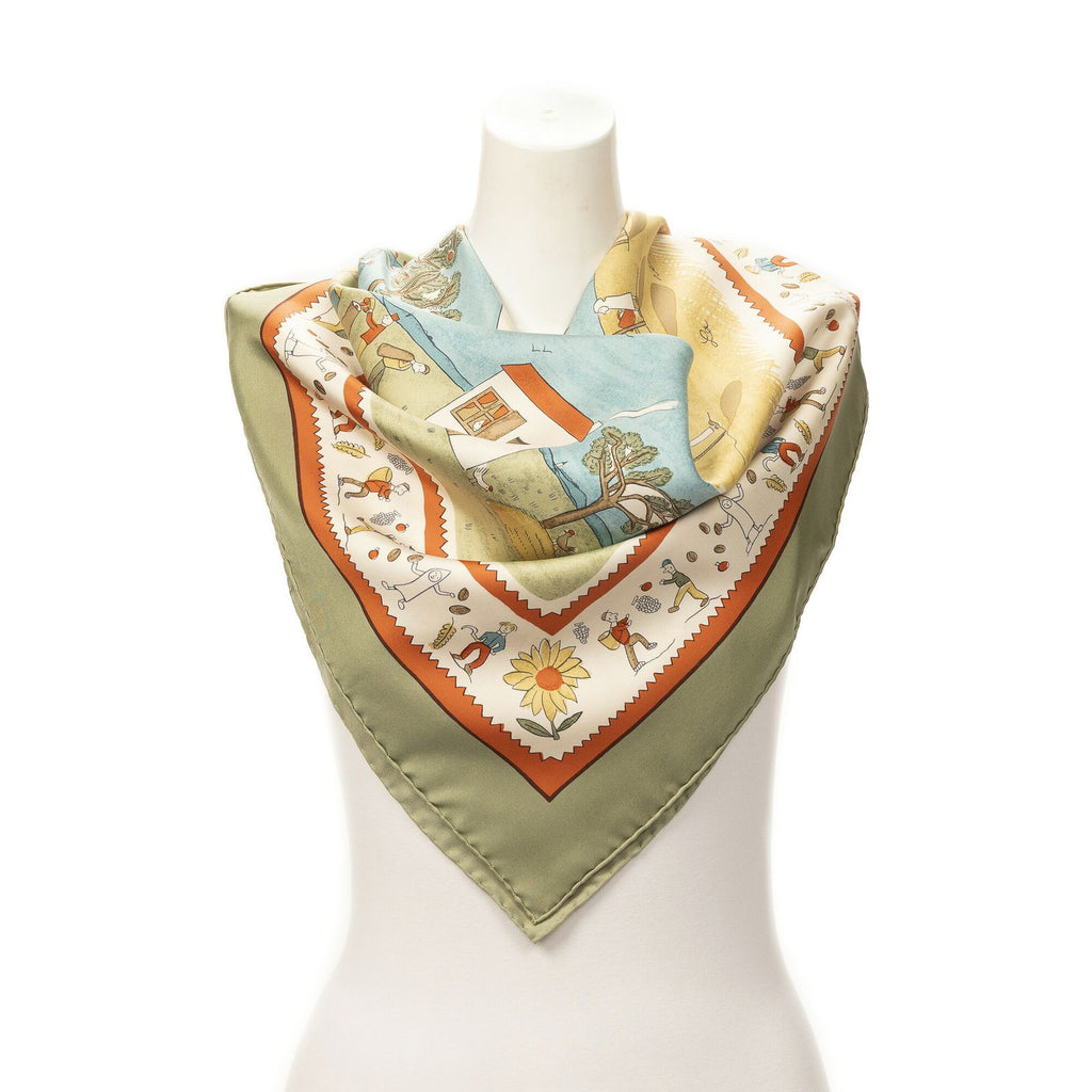 Hermes Scarf Green Blue Ivory 100% Twill Silk