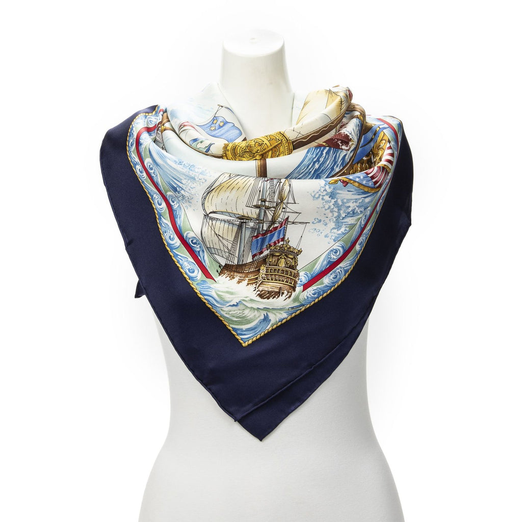 Hermes Scarf Navy Ivory Gold Silk