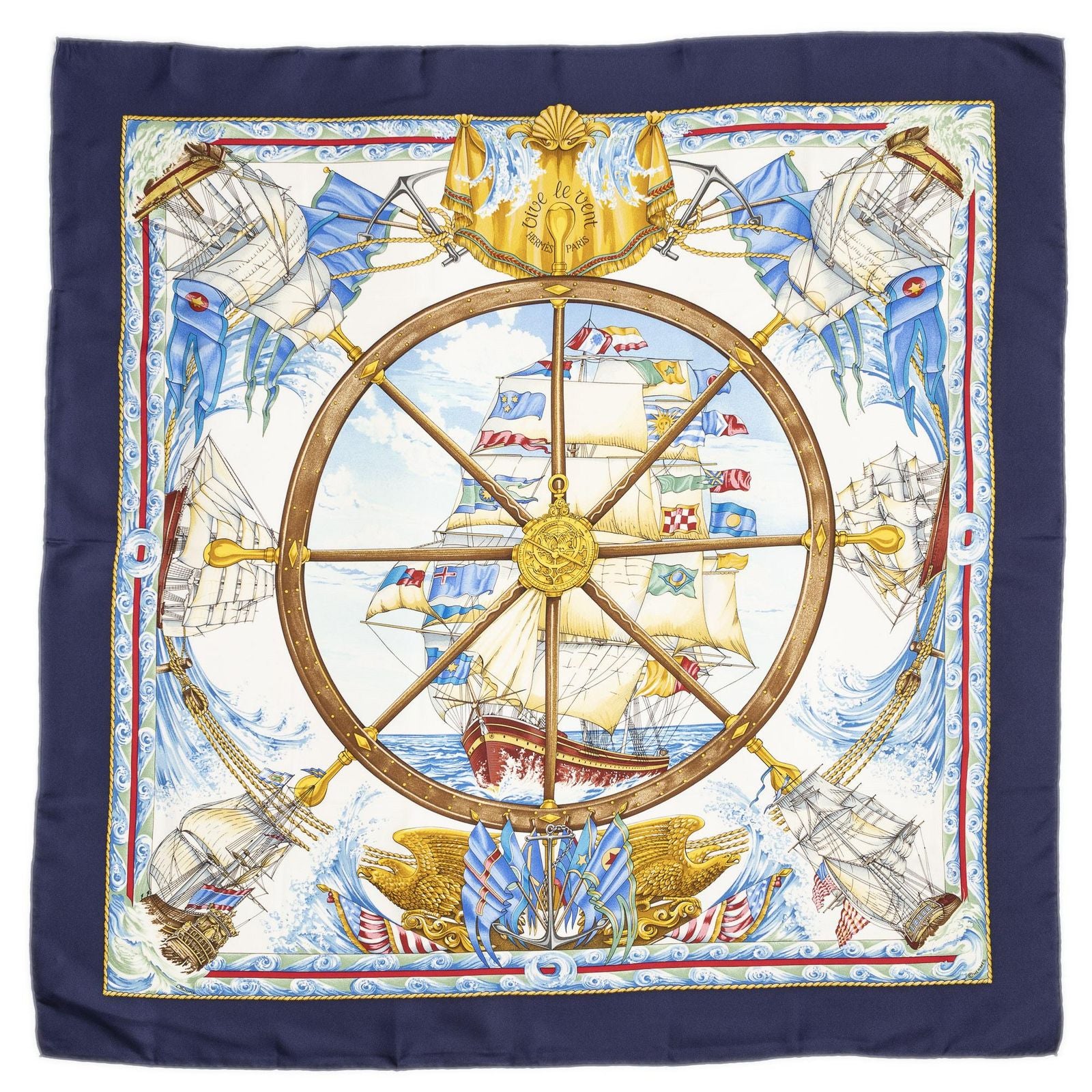 Hermes Scarf Navy Ivory Gold Silk — view 2