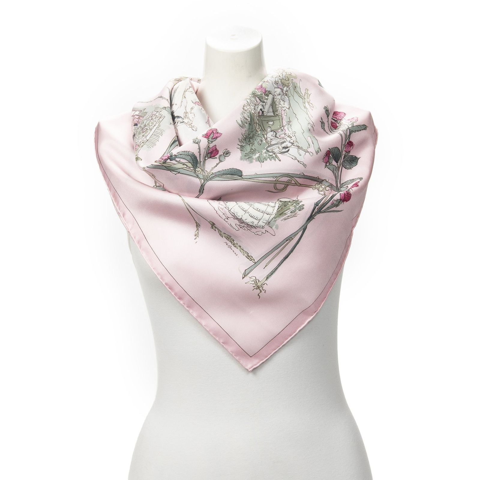 Hermes Scarf Light Pink Green Silk