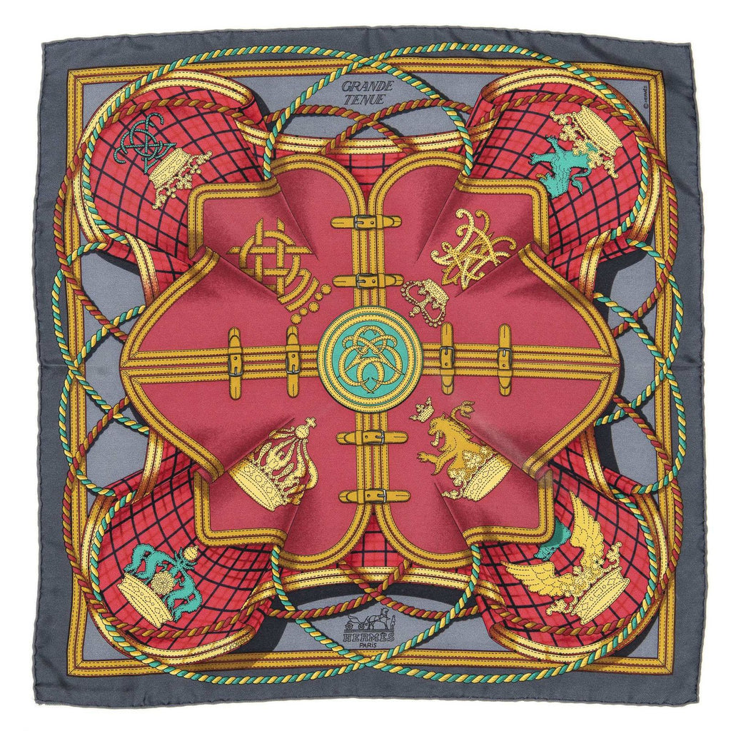 Hermes Handkerchief Red Gray Gold 100% Twill Silk — view 2