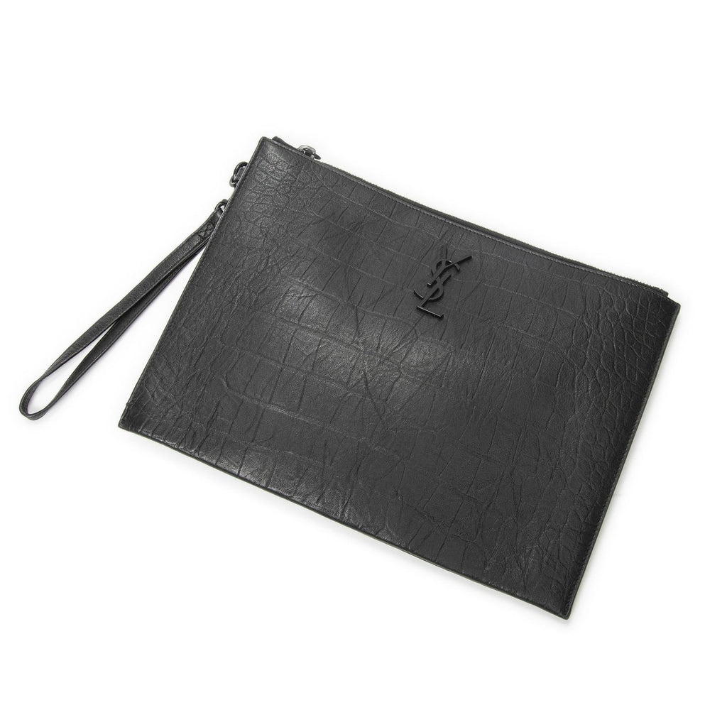 Saint Laurent Tablet Clutch Gray Croco Embossed Leather