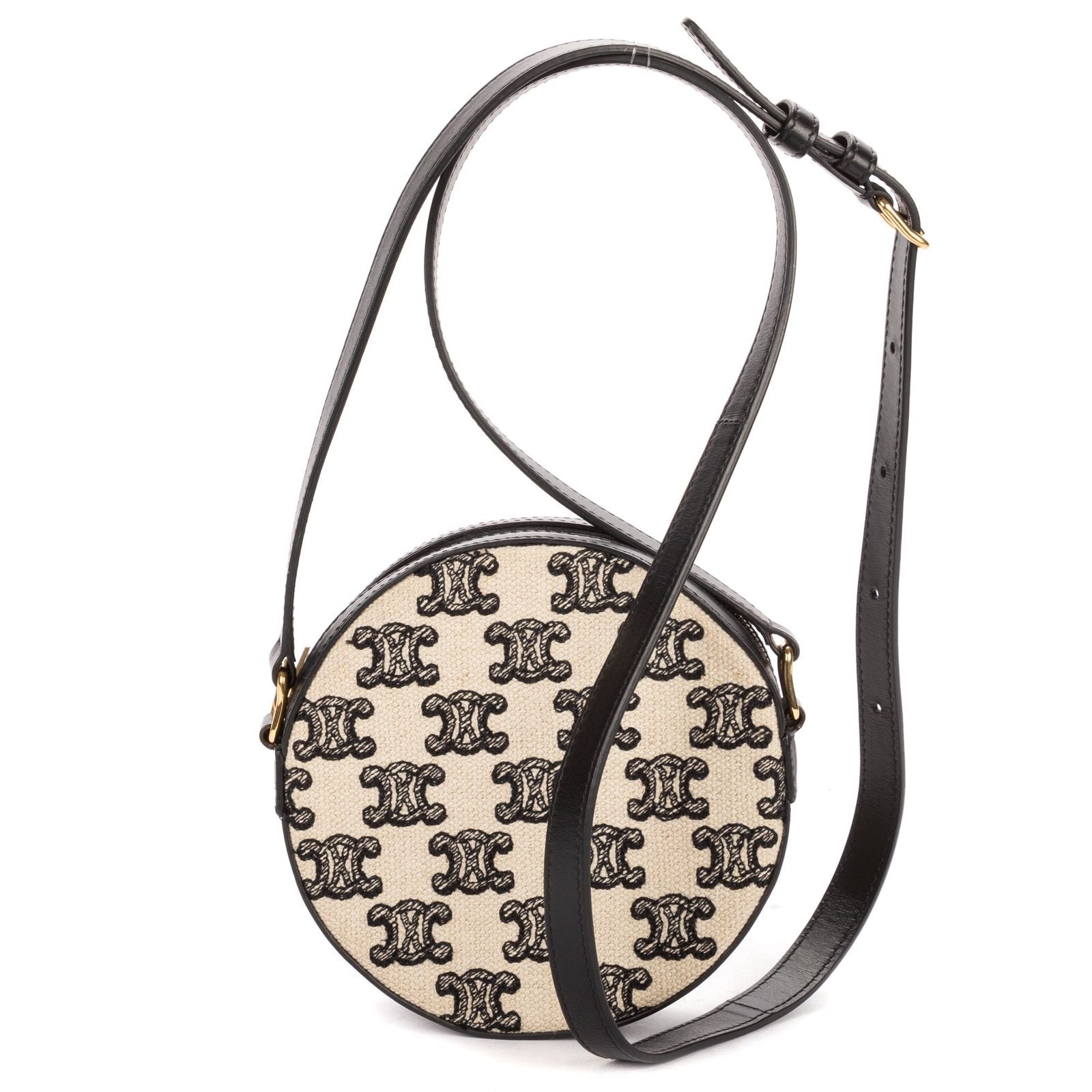 Celine Round Purse Crossbody Black Beige Triomphe Embroidery Canvas