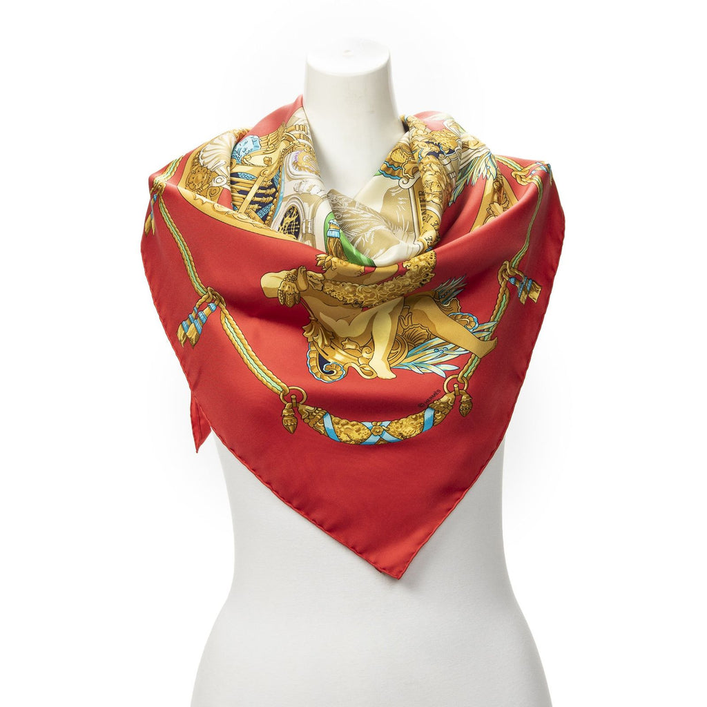 Hermes Scarf Red Gold Beige Silk