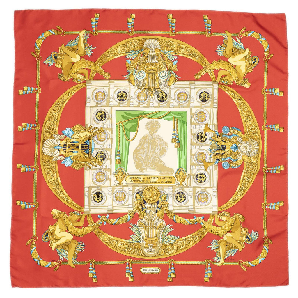 Hermes Scarf Red Gold Beige Silk — view 2