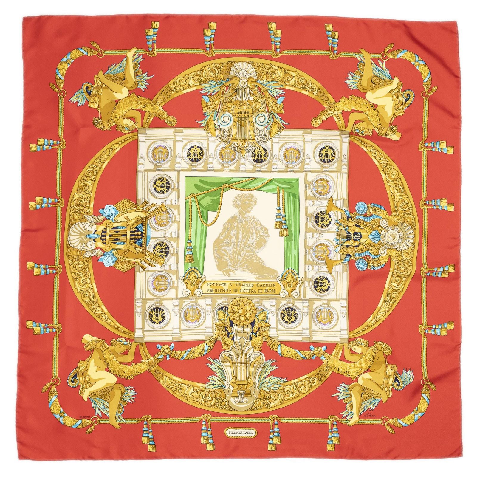 Hermes Scarf Red Gold Beige Silk — view 2